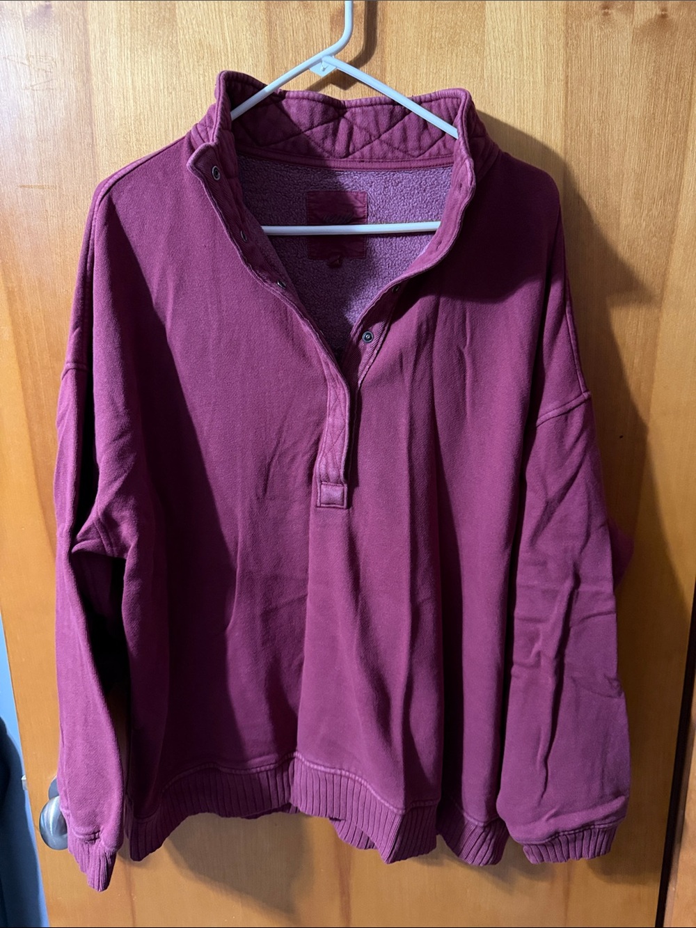 aerie Quilted Snap-Placket Crewneck Sweater - Burgundy